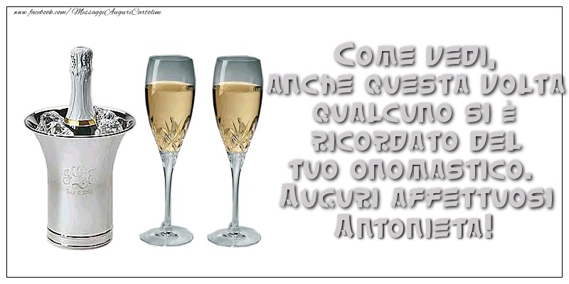 Come vedi, anche questa volta qualcuno si è ricordato del tuo onomastico. Auguri affettuosi Antonieta - Cartoline onomastico con champagne